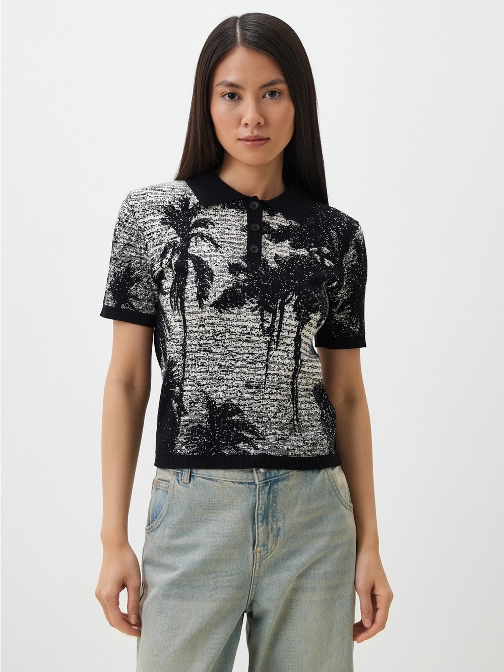 NWT Desigual Palm Tree Jacquard Knit Polo Sweater Black White Size Medium